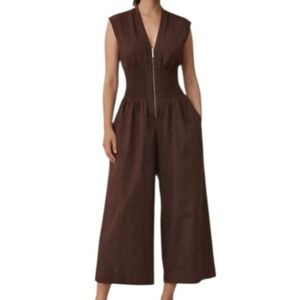 Anthropologie Tommie Smocked Zip-Front Jumpsuit Brown XS